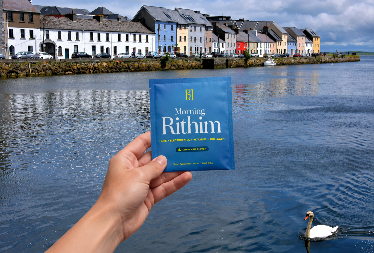Hand holding Morning Rithim sachet at Galway waterfront