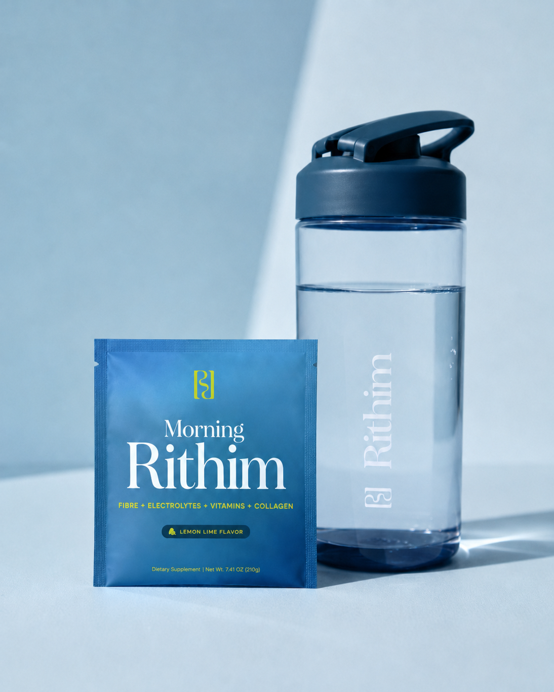 Morning Rithim sachet beside a shaker bottle of water